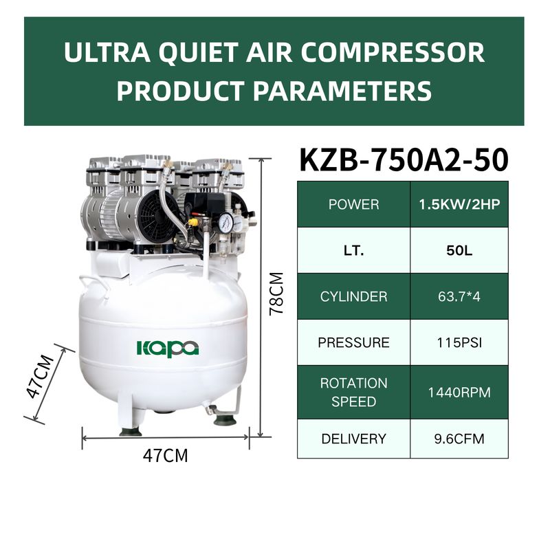 Silent Piston 2HP Oil Free Air Compressor 8bar  270 L/min W/ 50L Steel Tank